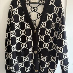 Gucci Black and White GG Logo Wool-Blend Oversized Cardigan